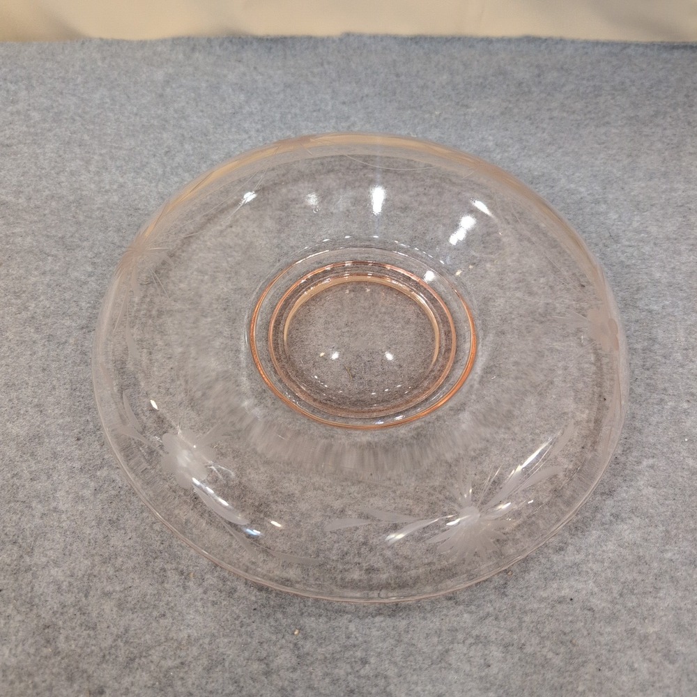 Vintage Pink Depression Glass Etched Floral Console Bowl Centerpiece Dish Rose - Picture 2 of 7